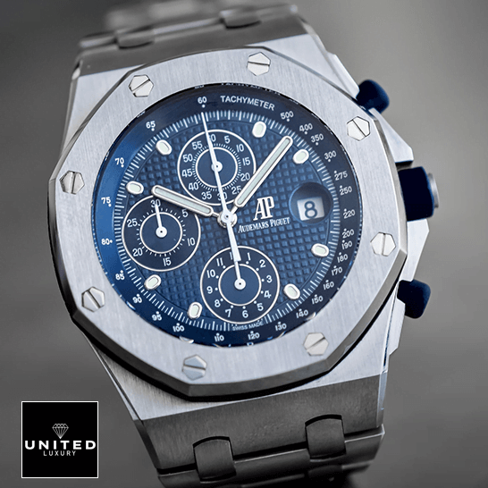 Audemars Piguet Royal Oak Offshore 26237ST "25th Anniversary" Authentic Clone 1:1 audemars piguet royal oak offshore 26237ST.OO .1000ST.01 replica stick Audemars Piguet 26237ST.OO_.1000ST.01 Blue Dial Stainless Steel Replica grey background