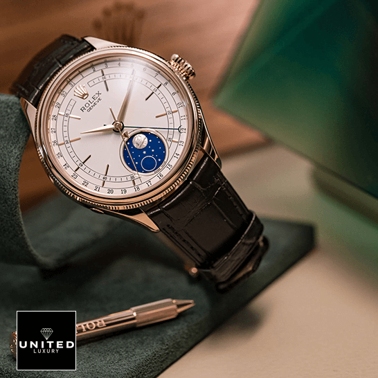 Rolex Cellini Moonphase 50535 "White Dial" Supreme Copy 1:1 Rolex Cellini Moonphase White Dial 50535 Replica next to the box