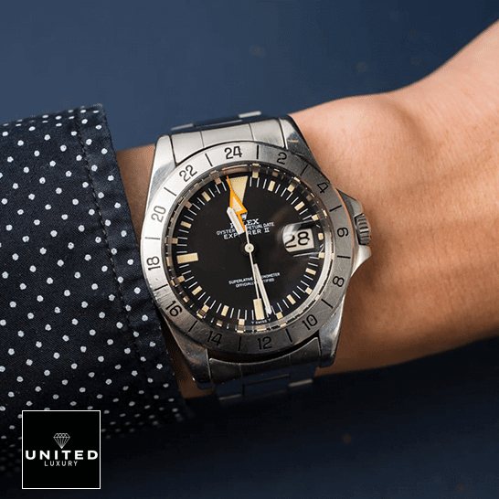 Rolex Explorer II 1655 "Steve McQueen" Vintage Handcrafted Replica Edition Rolex Explorer II 1655 (Antique) WARO025 Stainless Steel Case Replica on his arm