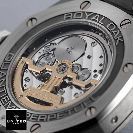 Audemars Piguet Royal Oak Offshore 26574ST.OO.1220ST.02 "Blue Dial" Exclusive Clone 1:1 audemarspiguet royaloak 26574ST.OO .1220ST replica back Audemars Piguet Royal Oak Steel Replica mechanism close view