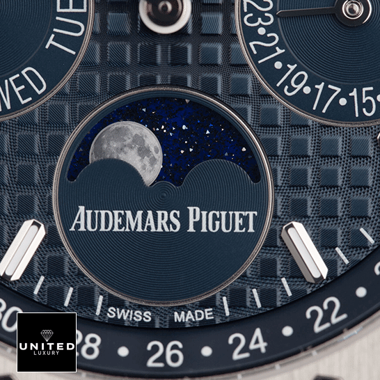 Audemars Piguet Royal Oak Offshore 26574ST.OO.1220ST.02 "Blue Dial" Exclusive Clone 1:1 audemarspiguet royaloak 26574ST.OO .1220ST replica dial Audemars Piguet Royal Oak Blue Dial Replica moon close view