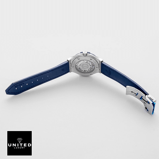 Omega Seamaster Diver 210.90.42.20.03.001 "Blue Titanium" Perfect Super Clone Hublot Classic Fusion Automatic Blue Rubber Bracelet Replica opened clasp white background