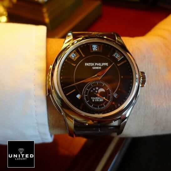 Patek Philippe Minute Repeater Tourbillon 5207P "Platinum" Authentic Clone 1:1 patek repeater replica 3 Patek Philippe Black Background Replica on the man wrist