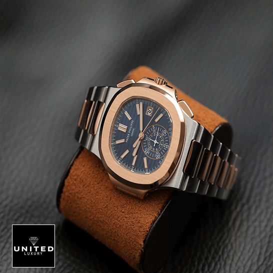 Patek Philippe Nautilus 5980/1AR-001 "Two-Tone" Perfect Super Clone Patek Philippe Nautilus 5980-1AR Blue Dial Replica on the leather carpet