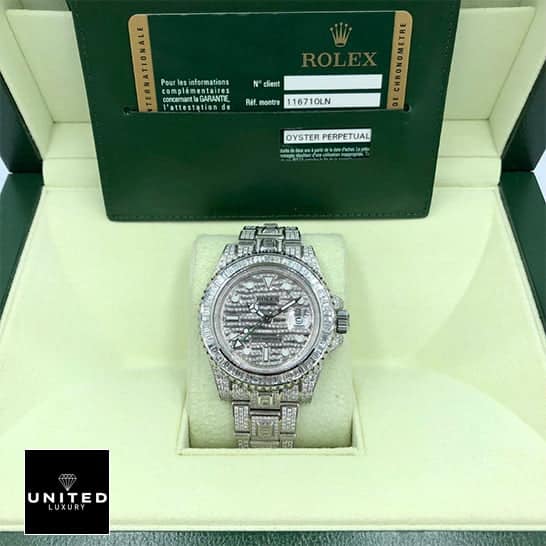 Rolex GMT-Master II 116759SARU "Full Diamond" Elite Super Clone rolex full diamond replica12 Rolex GMT-Master II Custom Diamond Set 116710LN Iced Out Replica in the Rolex Box