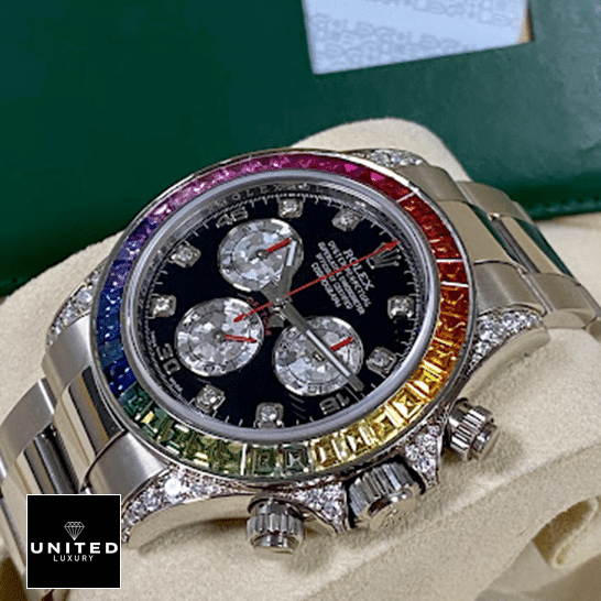 Rolex Cosmograph Daytona 116599RBOW "Black Diamond" Exclusive Clone Edition Rolex Daytona White Gold Diamond Set S.Steel Crown & Button Pusher 116599RBOW Replica
