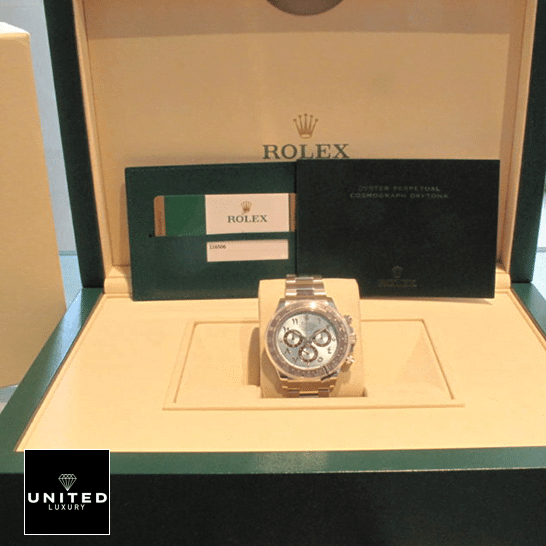 Rolex Cosmograph Daytona 116506 "Platinum Ice-Blue Arabic Dial" Mirror Replica 1:1 Rolex Daytona Platinum Ice-Blue Dial 116506-0001 Replica & Guarantee Card in the Rolex Box