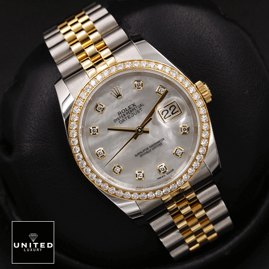 Rolex Datejust 116243 "Mother Of Pearl" Ultra Accurate Clone rolex datejust mother of pear diamond 116243 jubilee right mans Rolex Datejust 116243 Diamond Dial Jubilee Replica on the black stand