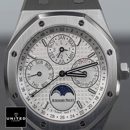 AP Royal Oak Offshore 26574ST.OO.1220ST.01 Super Clone audemars piguet royal oak prepetual calendar 26574ST.OO .1220ST.01 replica white unitedluxurynet 1 Audemars Piguet 26574ST.OO_.1220ST.01 White Dial Moon Replica front view