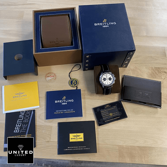 Breitling Premier Chronograph AB0118221G1P1 "Panda Dial" Perfect Duplicate Edition Breitling AB0118221G1P1 White Dial Replica next to box