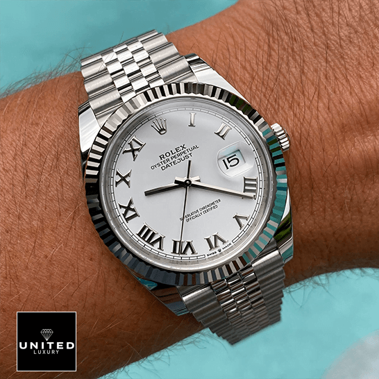 Rolex Datejust 126334 "Steel & White Gold" Perfect Super Clone Rolex 126334 Datejust Fluted White Roman Dial Replica on the man wrist