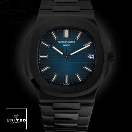 Patek Philippe Nautilus 5711/1A-010 "Black Dial" High-End Replica 1:1 nautilus 5711 black replica 1 Patek Philippe Nautilus Blue Dial Front View Replica black background