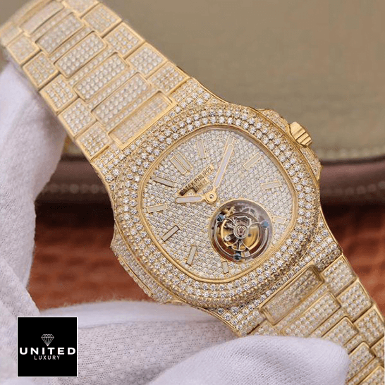 Patek Philippe Nautilus 5711/1A-018 "Yellow Gold" Detailed Super Clone patek philippe 5711 tiltedleft replica Patek Philippe Tourbillion Diamond Dial Replica on the hand