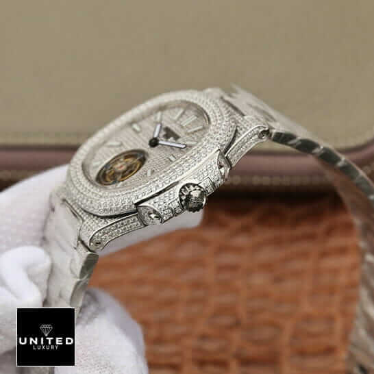 Patek Philippe Sky Moon Tourbillon 6002R "Diamond Bezel" Premium Copy 1:1 patek philippe tourbillon 6980 diamond replica Patek Philippe Tourbillion 6980 White Dial Iced Out Replica side view