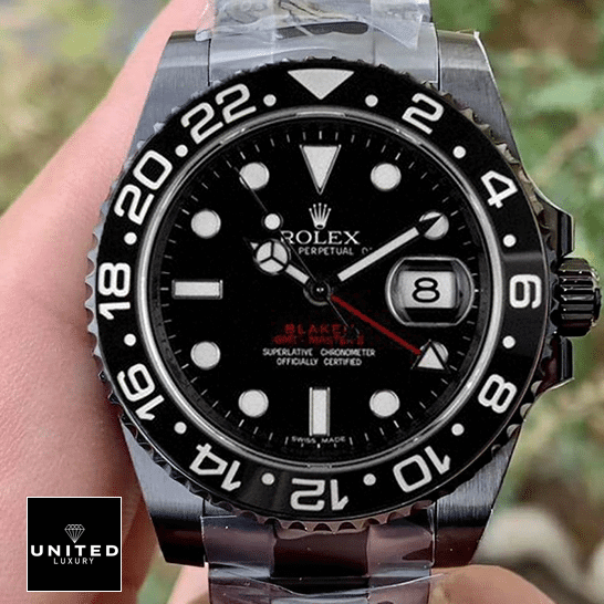 Rolex GMT-Master II 126710LN "Blaken Single Red" Exact Replica 1:1 unitedluxury rolex blaken black front Rolex Blaken GMT-Master II Black Dial ceramic stick hour markers Replica in their hands