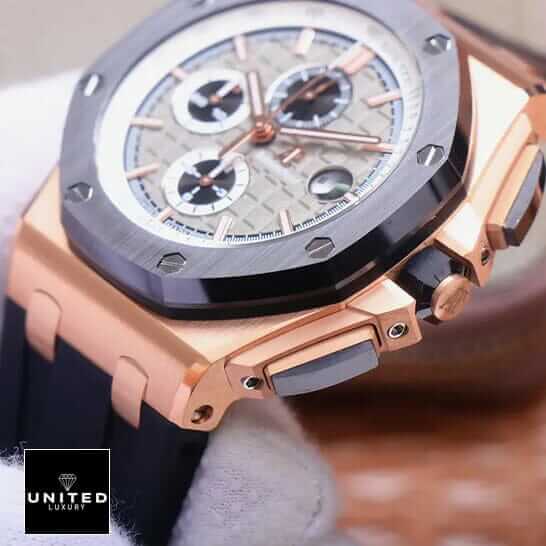Audemars Piguet Royal Oak Offshore 26173ST.OO.D003CU.01 Premium Copy 1:1 ap pride of germany right Audemars Piguet Royal Oak Gold Case Black Rubber Bracelet Replica on the hand
