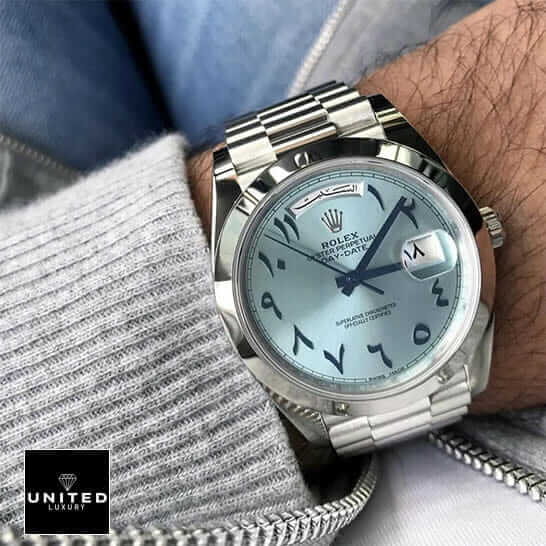 Rolex Day-Date 228206 "Arabic Dial" Super Clone Edition rolex 228206 arabic dial replica 2 Rolex DayDate 40 228206 Replica under gray sweater