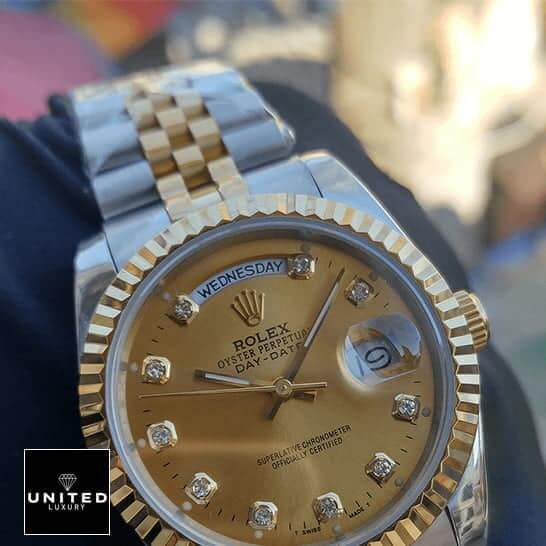 Rolex Day-Date 128238 "Yellow Gold" High-End Clone 1:1 rolex day date 38mm mop replica Rolex Day-Date 38mm MOP Gold with Diamonds Dial Replica
