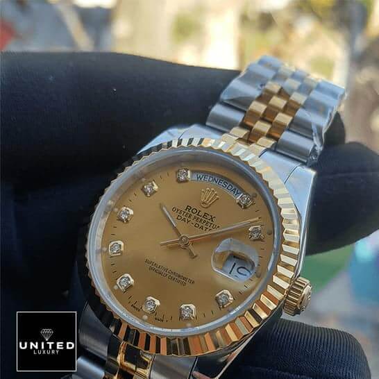 Rolex Day-Date 128238 "Yellow Gold" High-End Clone 1:1 rolex day date 38mm mop replica1 Rolex Day-Date 128238 MOP Gold Bezel Replica on the hand