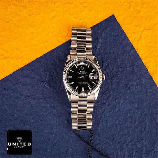 Rolex Day-Date 228238 "Yellow Gold Fluted Bezel" Detailed Replica rolex 18239 black replica 2 Rolex Day-Date 118239 Replica Orange Blue Background