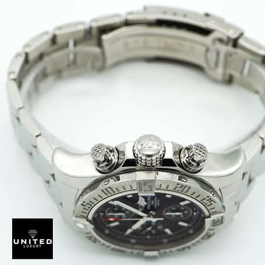 Breitling Super Avenger II A13370 "Black Dial" Premium Duplicate Edition breitling super avenger a13370 replicaaa1 Breitling Super Avenger a13370 replica push button and Crown/Pusher