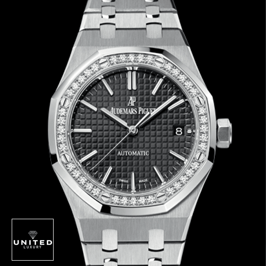 Audemars Piguet Royal Oak 15451ST "Diamond Bezel Silver Dial" Ultra Fine Replica audemars piguet royal oak selfwinding 15451ST ZZ 1256ST 01 A front 1 Audemars Piguet 15451 Royal Oak Selfwinding Black Dial Replica black background