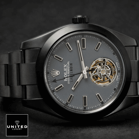 Rolex Milgauss 116400 "Label Noir" Near Original Clone unitedluxury black noir 3 Rolex Label Noir Replica dial is grey in color with stick indeces and ceramic hour markers